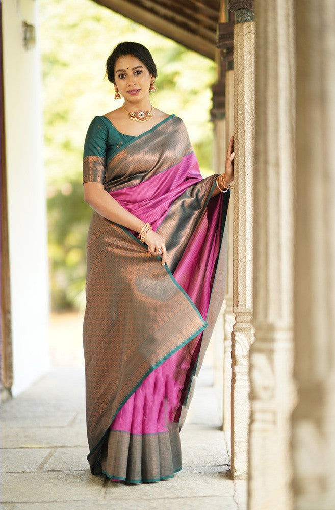 Zephyr Dark Pink Soft Silk Saree With Staring Blouse Piece