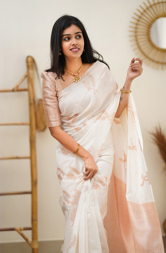 Pretty White Soft Silk Saree With Adorning Blouse Piece