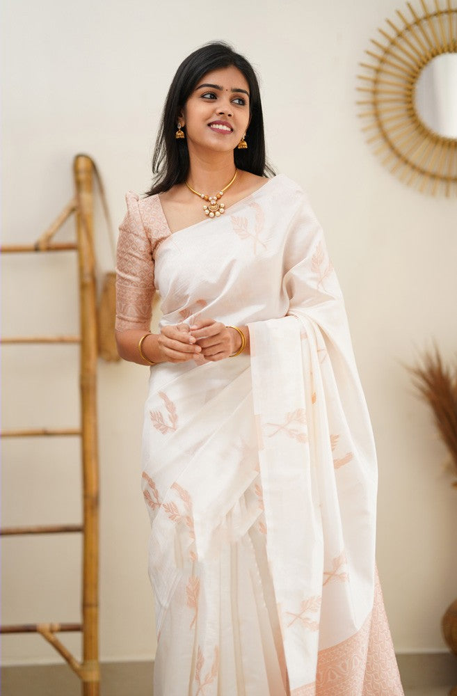 Pretty White Soft Silk Saree With Adorning Blouse Piece