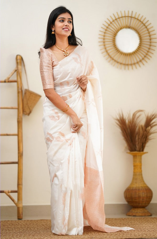 Pretty White Soft Silk Saree With Adorning Blouse Piece