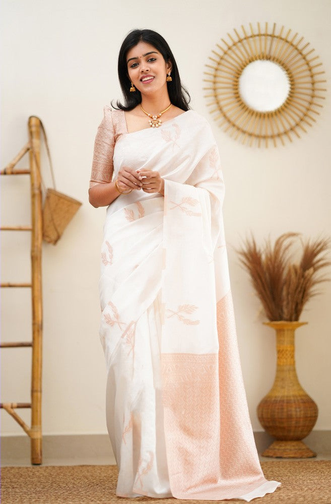 Pretty White Soft Silk Saree With Adorning Blouse Piece