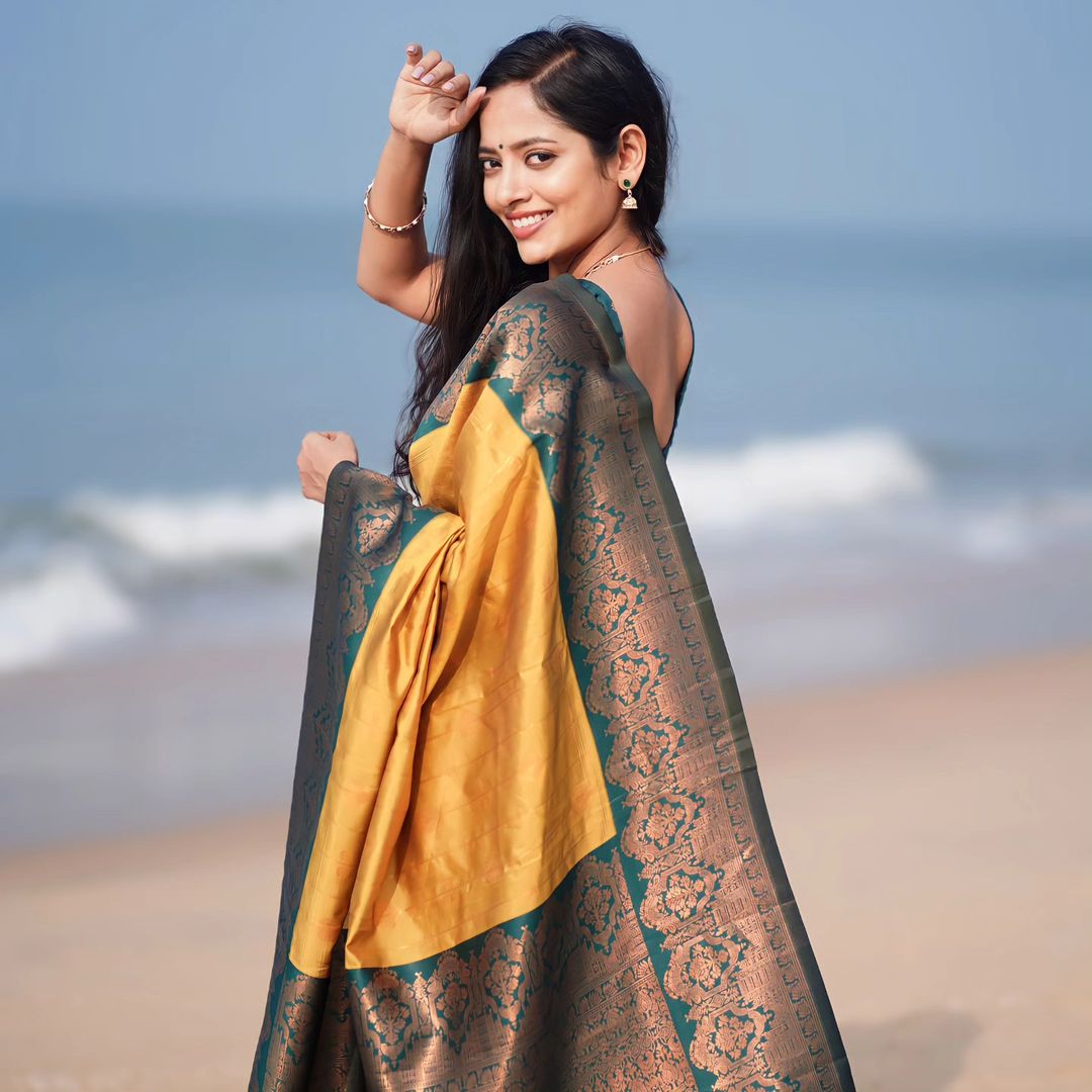 Whimsical Yellow Soft Silk Saree With Beauteous Blouse Piece