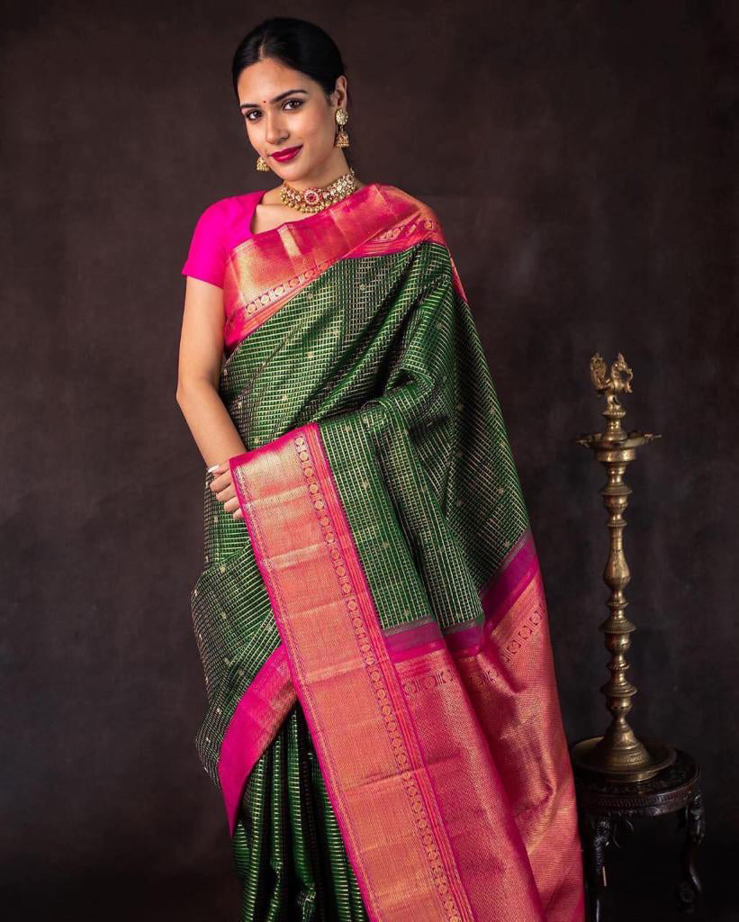 Glorious Green Soft Silk Saree With Nectarous Blouse Piece