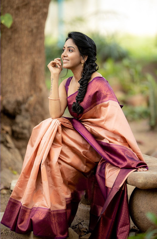 Unique Peach Soft Silk Saree With Smart Blouse Piece