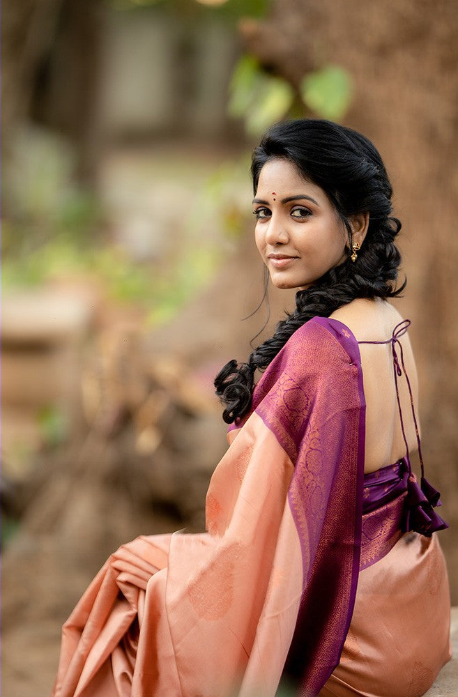 Unique Peach Soft Silk Saree With Smart Blouse Piece