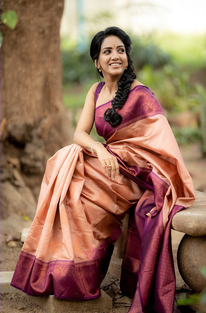 Unique Peach Soft Silk Saree With Smart Blouse Piece