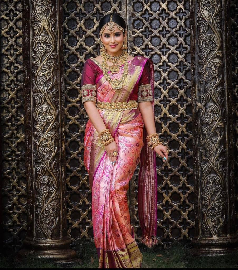 Evanescent Pink Soft Banarasi Silk Saree With Petrichor Blouse Piece