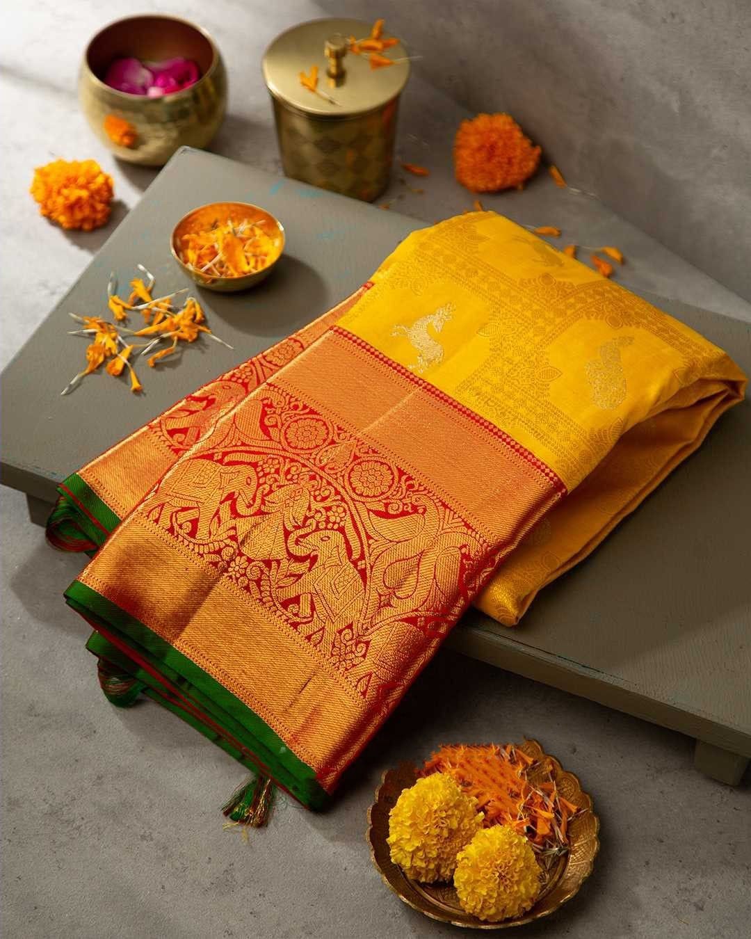 Palimpsest Yellow Soft Banarasi Silk Saree With Traditional Blouse Piece