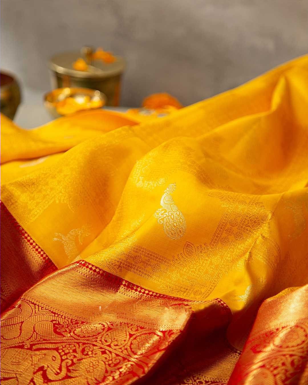 Palimpsest Yellow Soft Banarasi Silk Saree With Traditional Blouse Piece