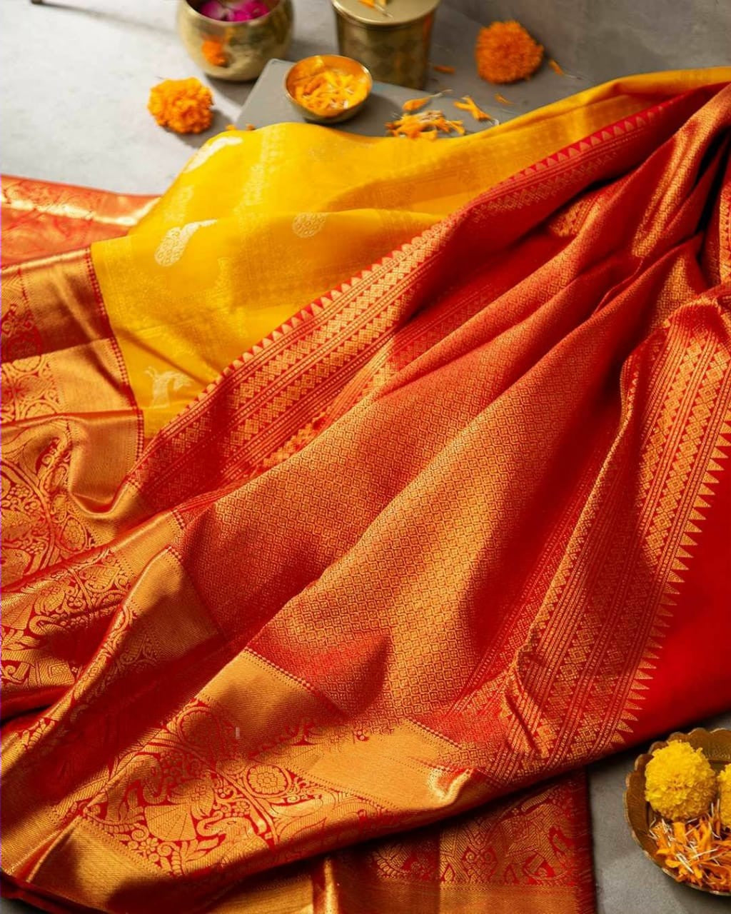 Palimpsest Yellow Soft Banarasi Silk Saree With Traditional Blouse Piece