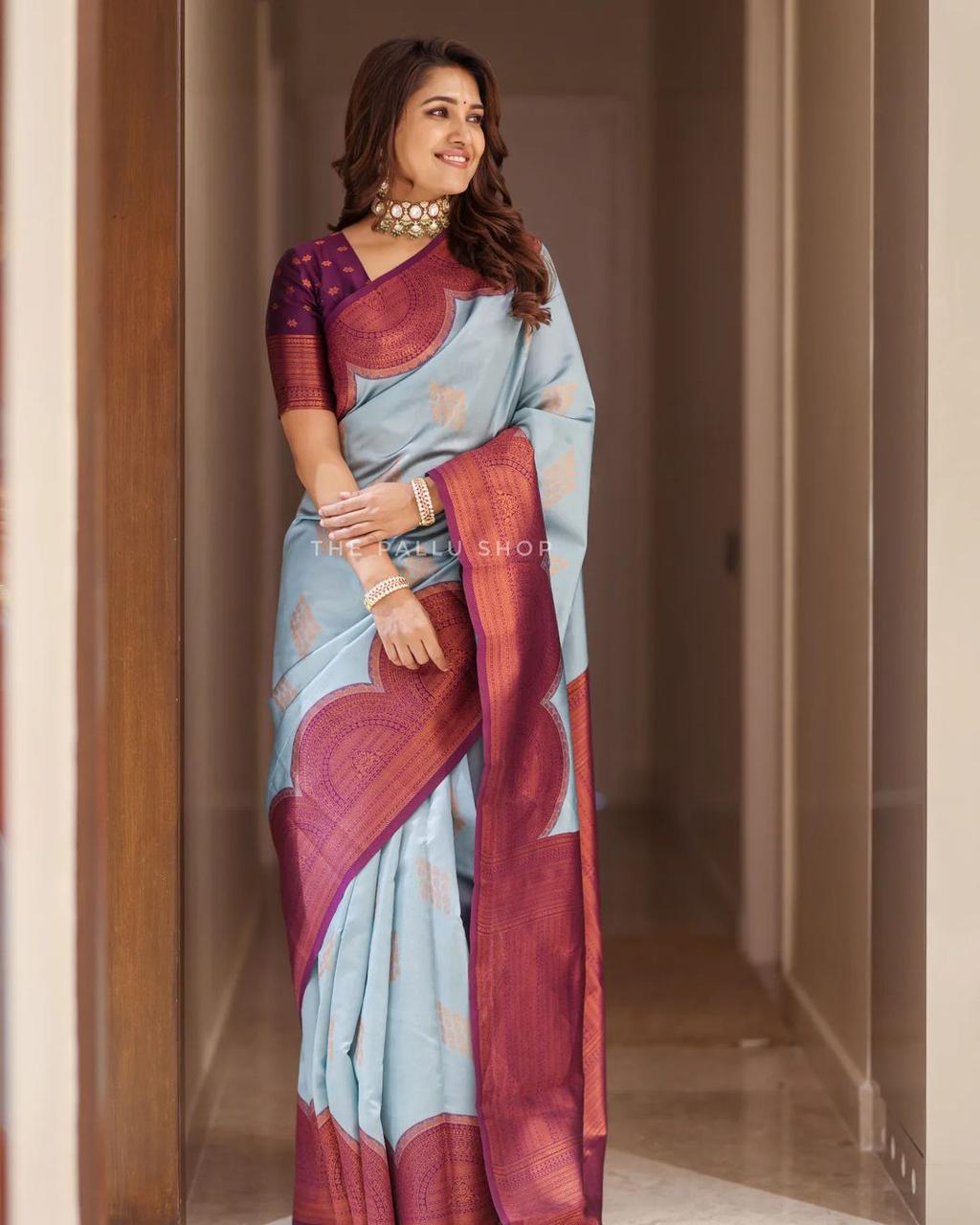 Ethereal Sky Soft Silk Saree With Glowing Blouse Piece