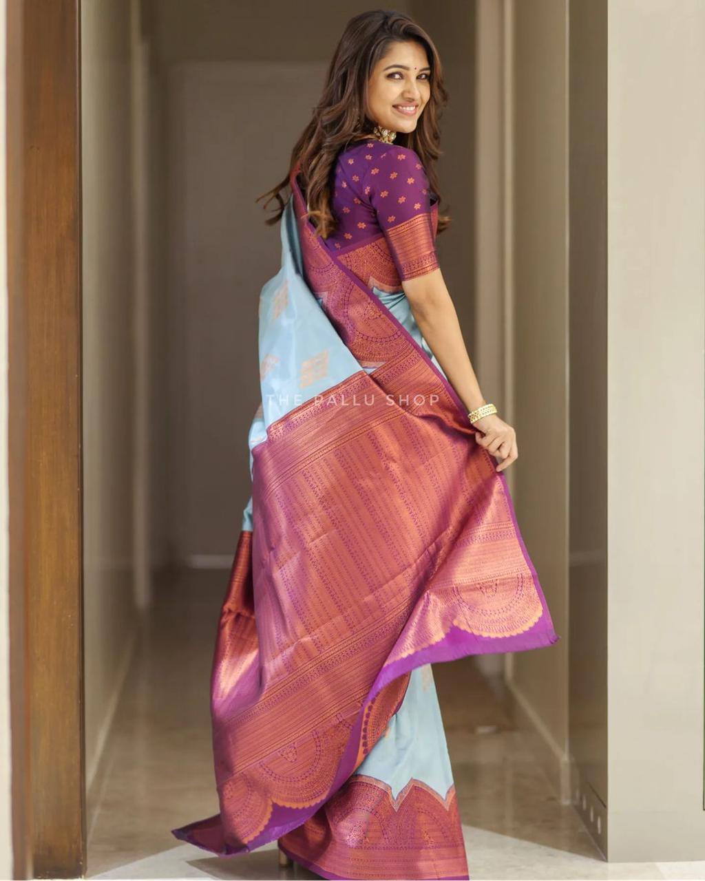 Ethereal Sky Soft Silk Saree With Glowing Blouse Piece