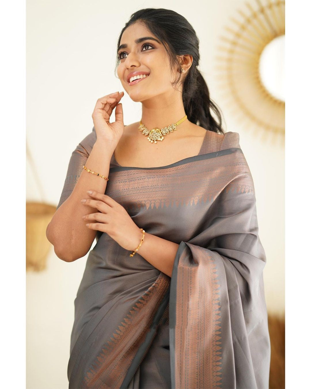 Phenomenal Grey Soft Silk Saree With Entrancing Blouse Piece