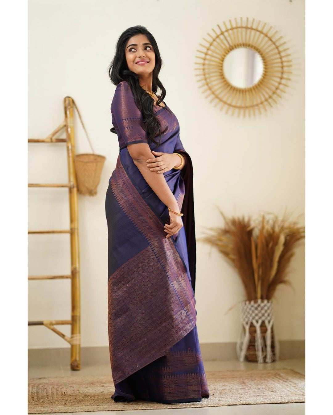 Susurrous Navy Blue Soft Silk Saree With Jubilant Blouse Piece