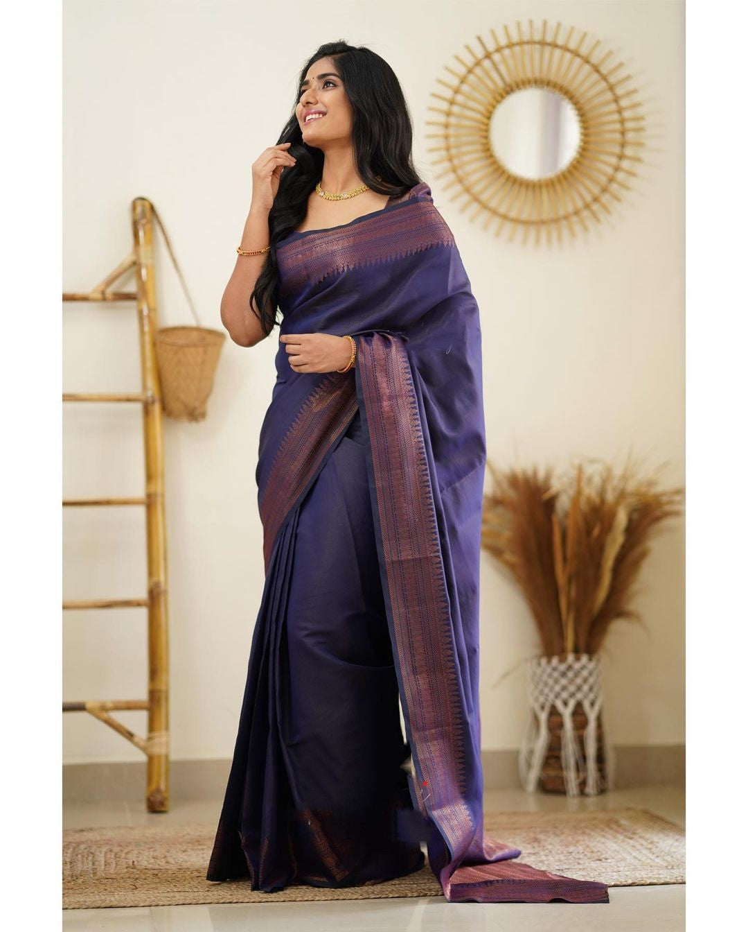 Susurrous Navy Blue Soft Silk Saree With Jubilant Blouse Piece