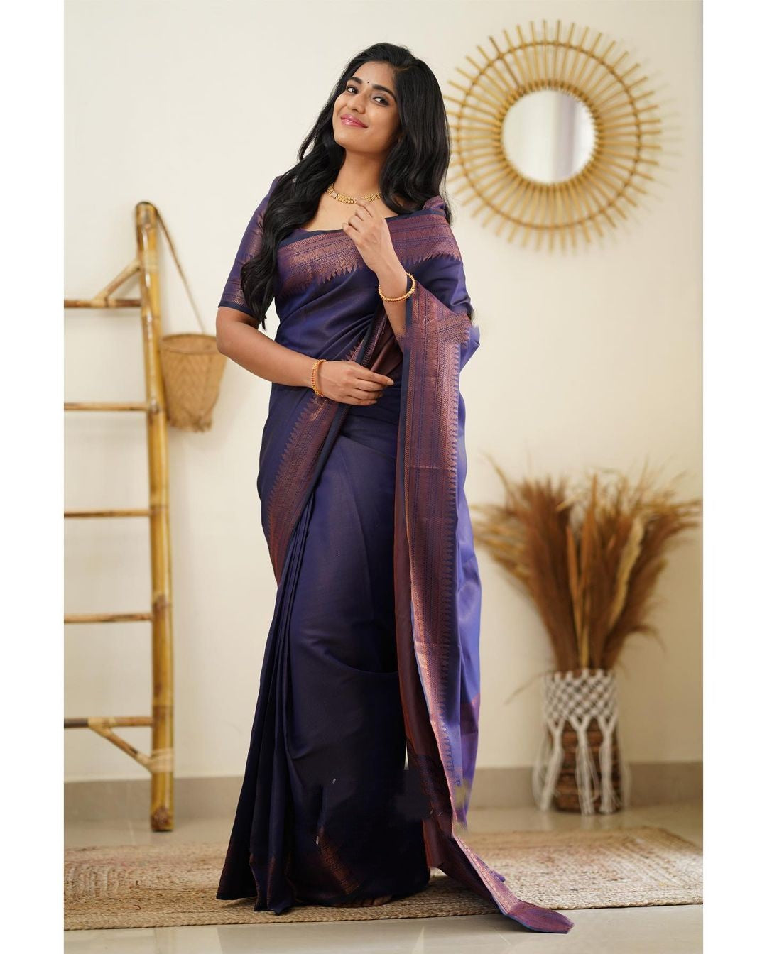 Susurrous Navy Blue Soft Silk Saree With Jubilant Blouse Piece