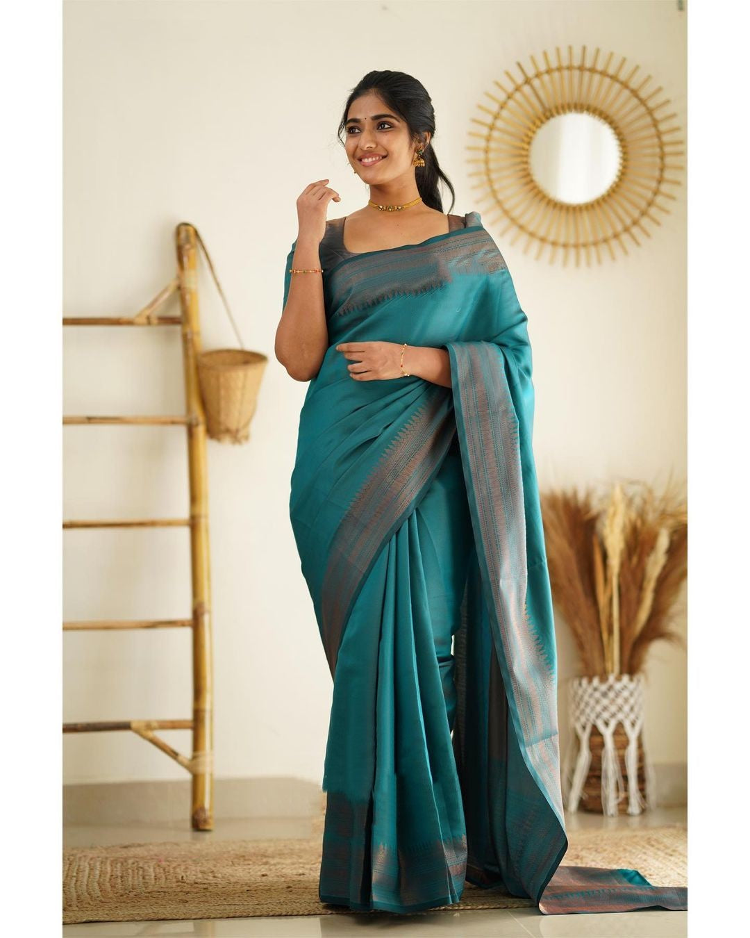 Lagniappe Rama Soft Silk Saree With Vibrant Blouse Piece