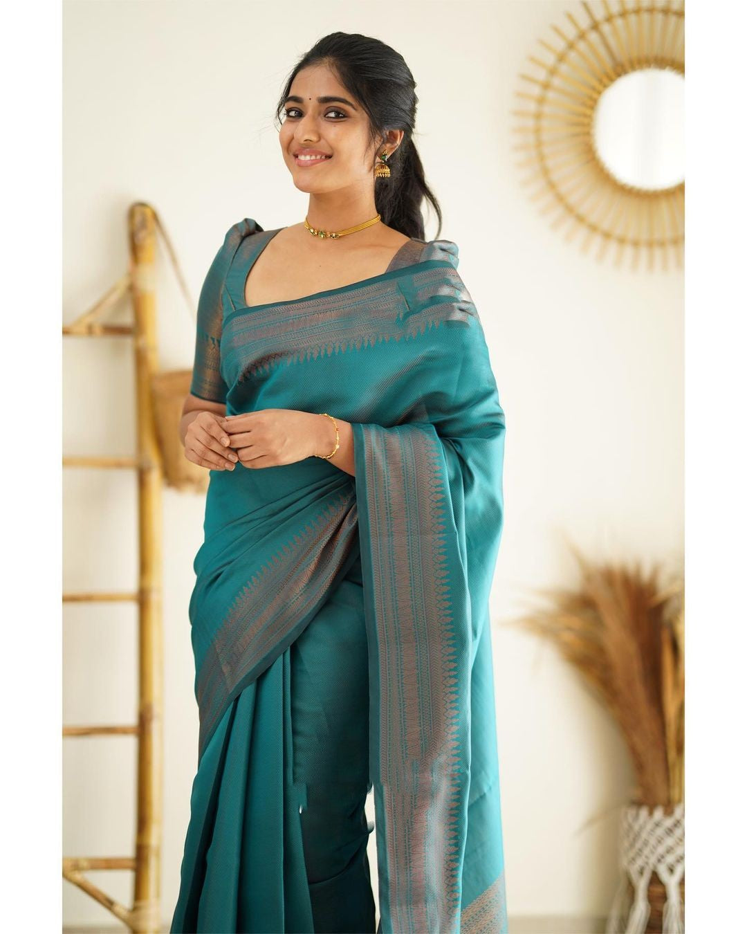 Lagniappe Rama Soft Silk Saree With Vibrant Blouse Piece