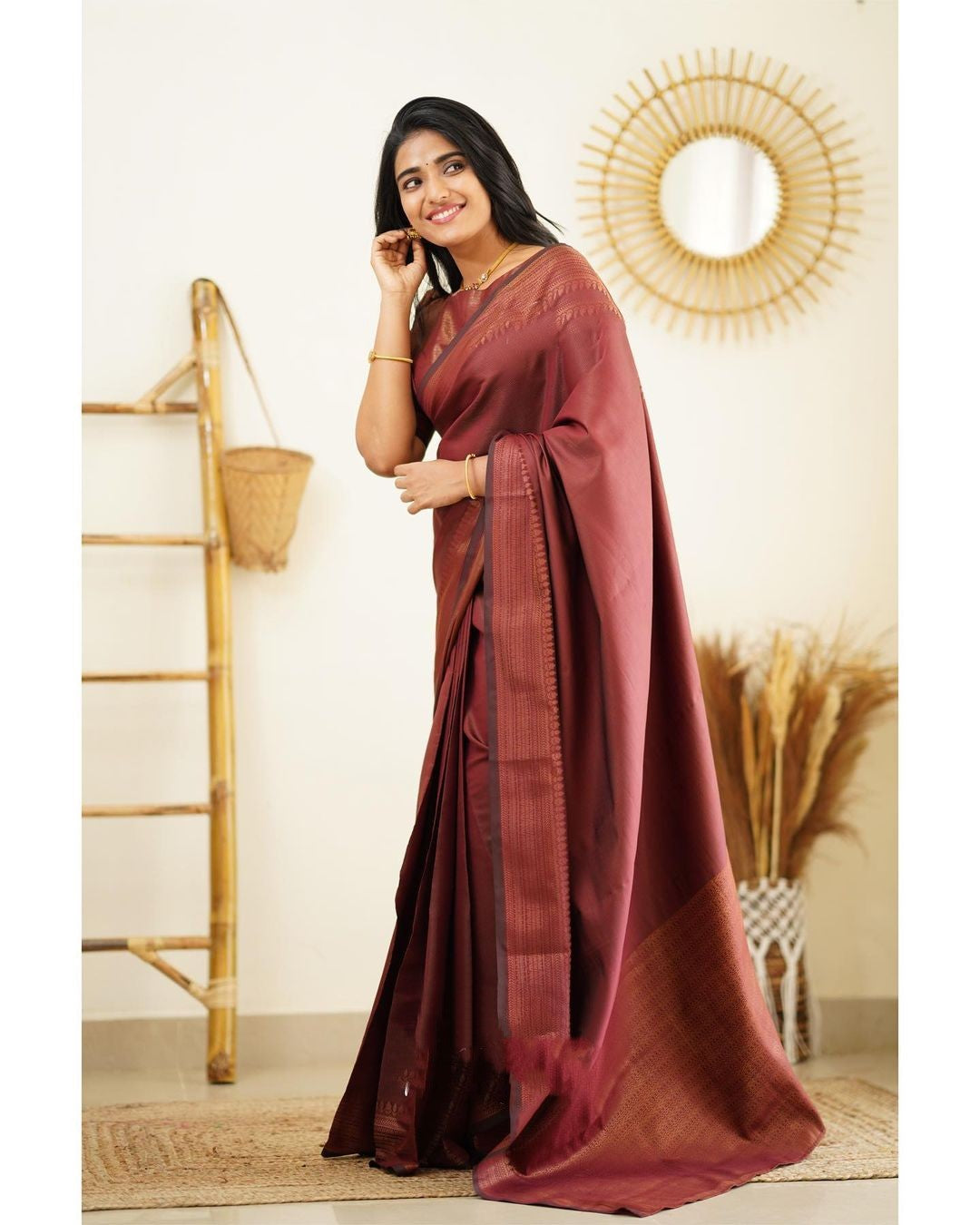 Snazzy Wine Soft Silk Saree With Assemblage Blouse Piece