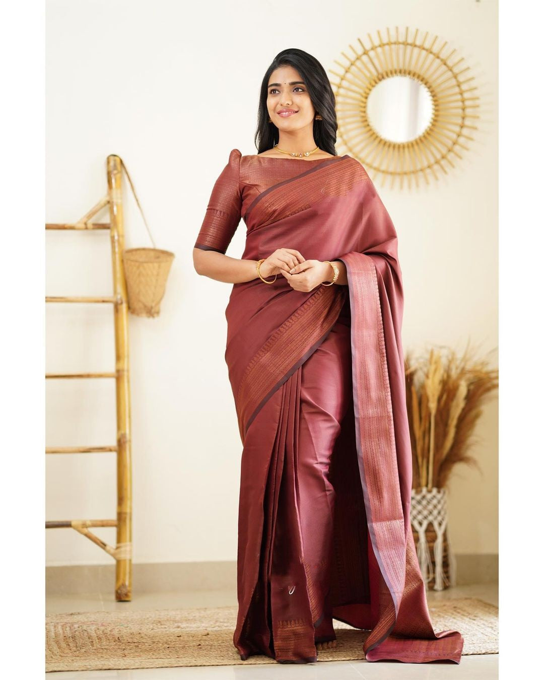 Snazzy Wine Soft Silk Saree With Assemblage Blouse Piece