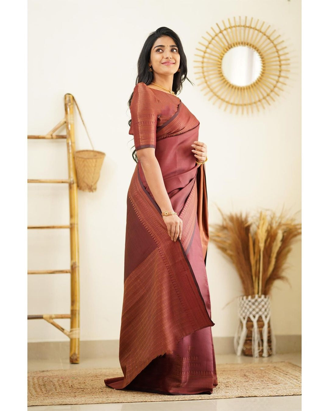 Snazzy Wine Soft Silk Saree With Assemblage Blouse Piece