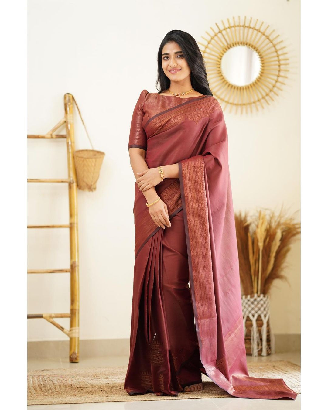 Snazzy Wine Soft Silk Saree With Assemblage Blouse Piece