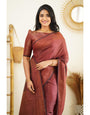 Snazzy Wine Soft Silk Saree With Assemblage Blouse Piece