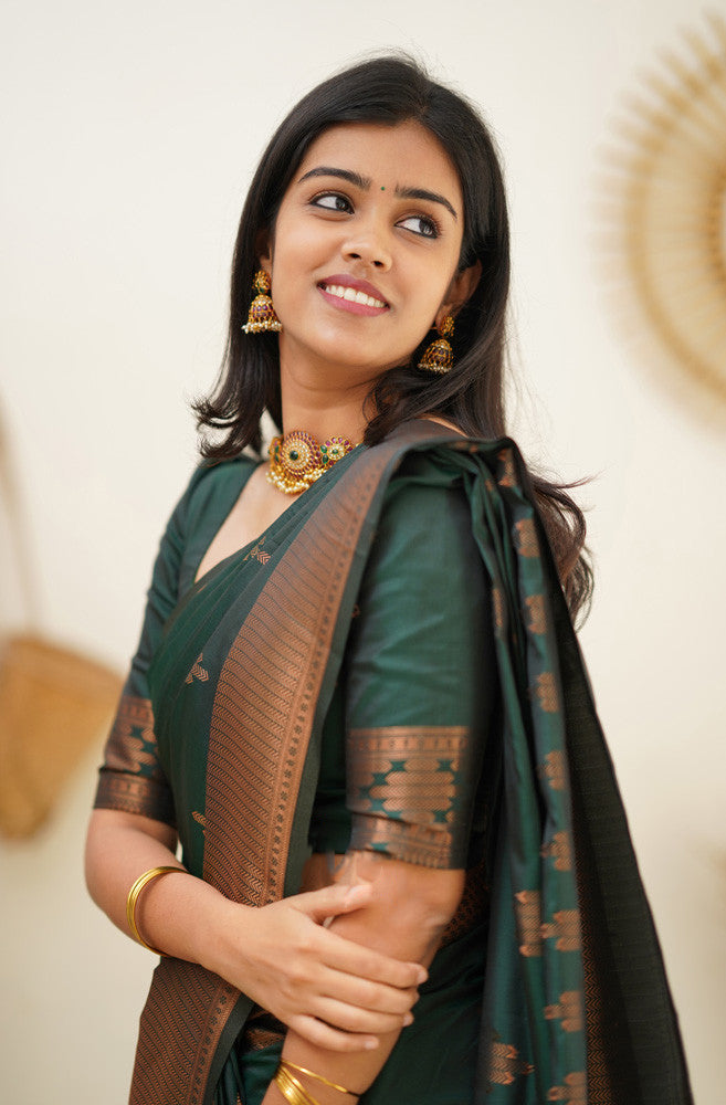 Quintessential Dark Green Soft Silk Saree With Most Blouse Piece