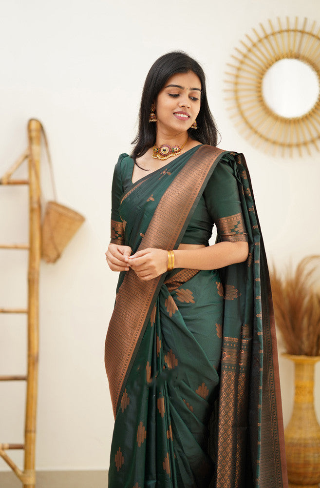 Quintessential Dark Green Soft Silk Saree With Most Blouse Piece