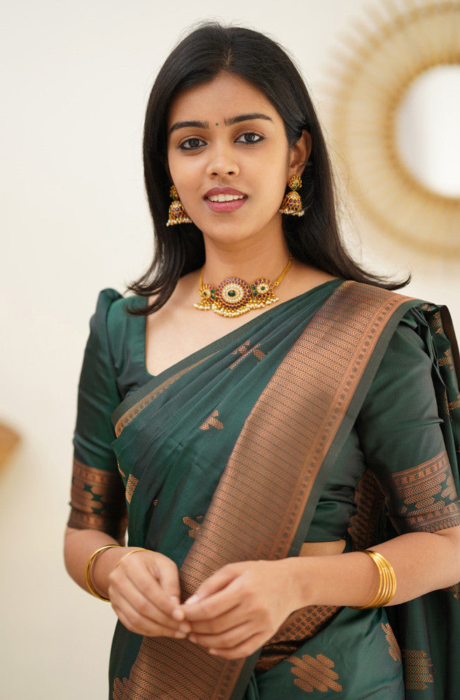 Quintessential Dark Green Soft Silk Saree With Most Blouse Piece