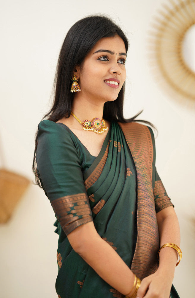 Quintessential Dark Green Soft Silk Saree With Most Blouse Piece