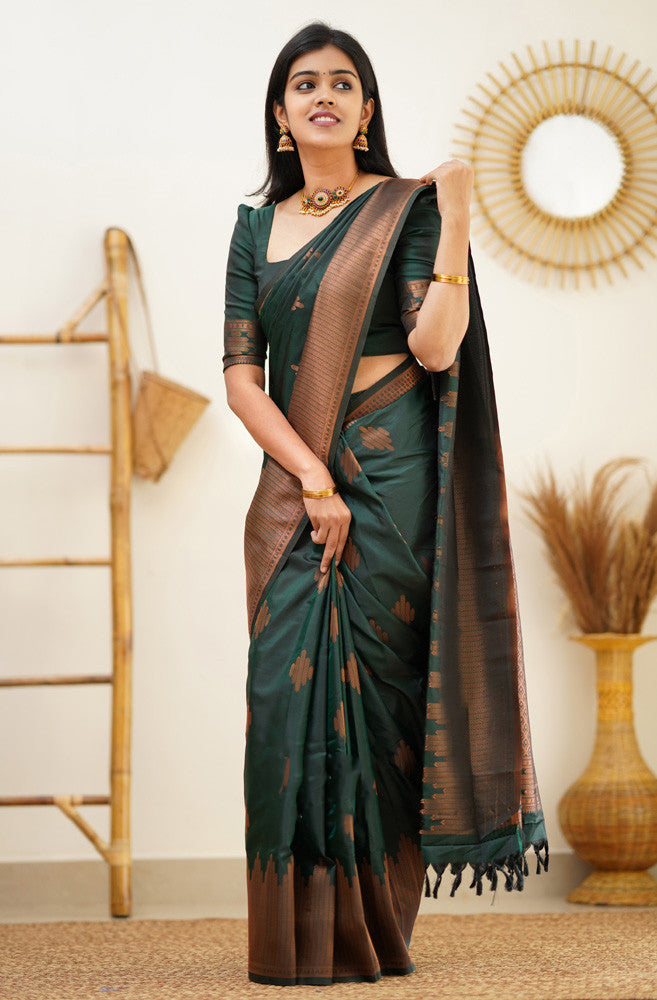 Quintessential Dark Green Soft Silk Saree With Most Blouse Piece