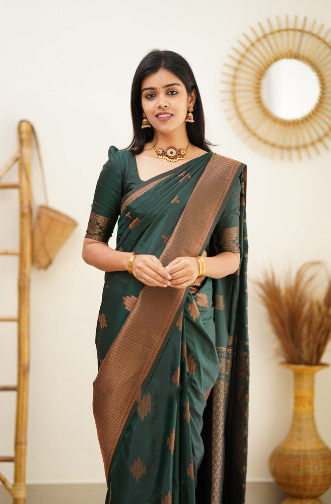 Quintessential Dark Green Soft Silk Saree With Most Blouse Piece