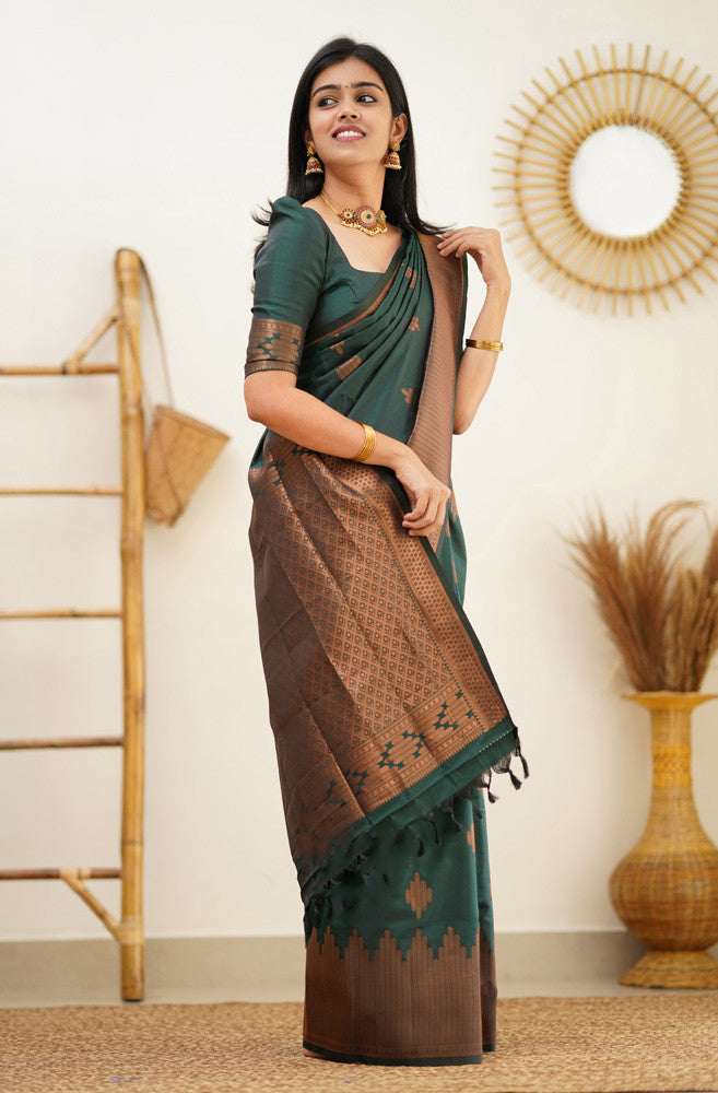 Quintessential Dark Green Soft Silk Saree With Most Blouse Piece