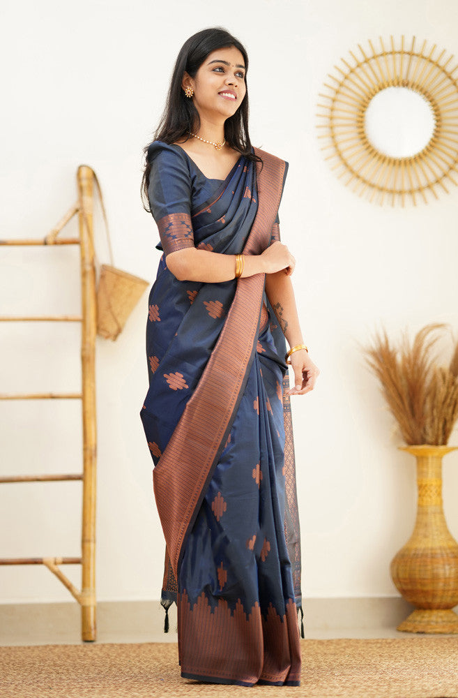 Exemplary Navy Blue Soft Silk Saree With A Blouse Piece