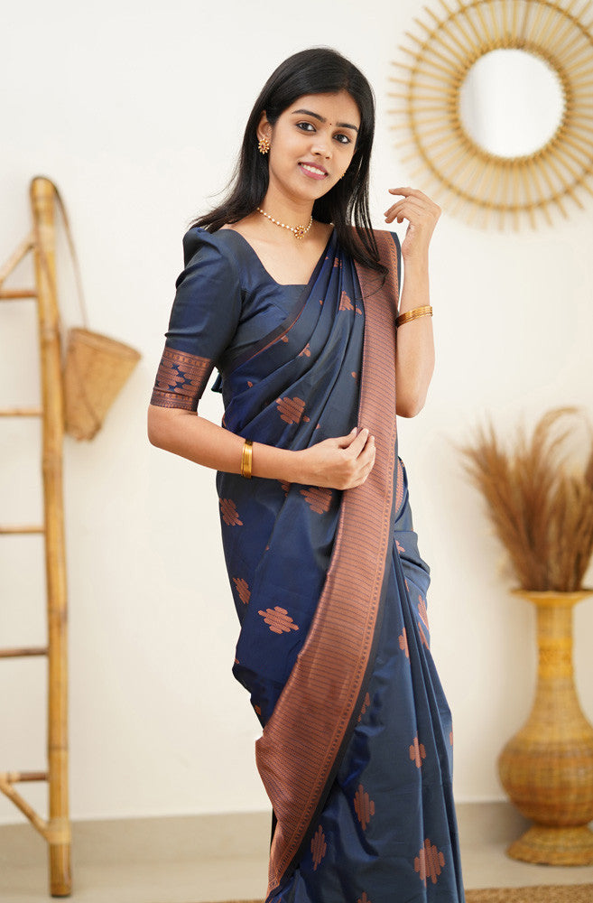 Exemplary Navy Blue Soft Silk Saree With A Blouse Piece