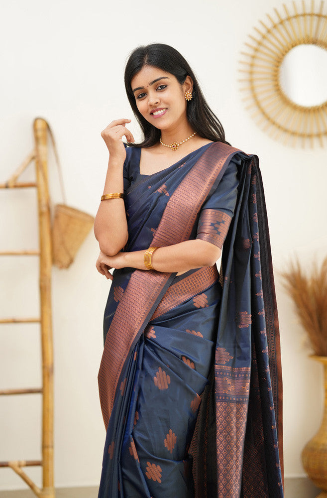 Exemplary Navy Blue Soft Silk Saree With A Blouse Piece