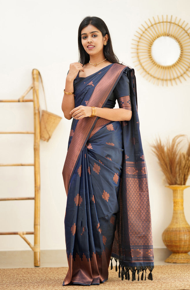 Exemplary Navy Blue Soft Silk Saree With A Blouse Piece