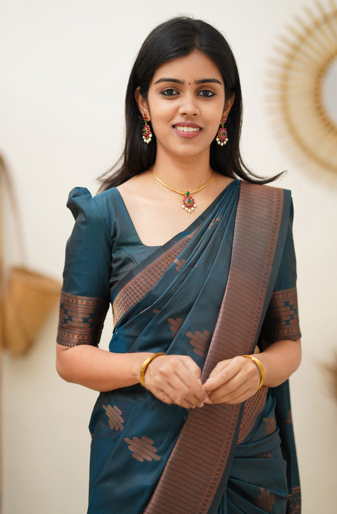 Dalliance Rama Soft Silk Saree With Ethereal Blouse Piece