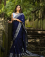 Magnetic Navy Blue Soft Banarasi Silk Saree With Mesmeric Blouse Piece