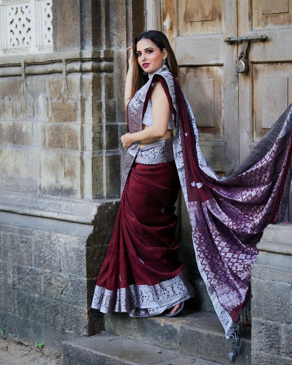 Luxuriant Wine Soft Banarasi Silk Saree With Improbable Blouse Piece