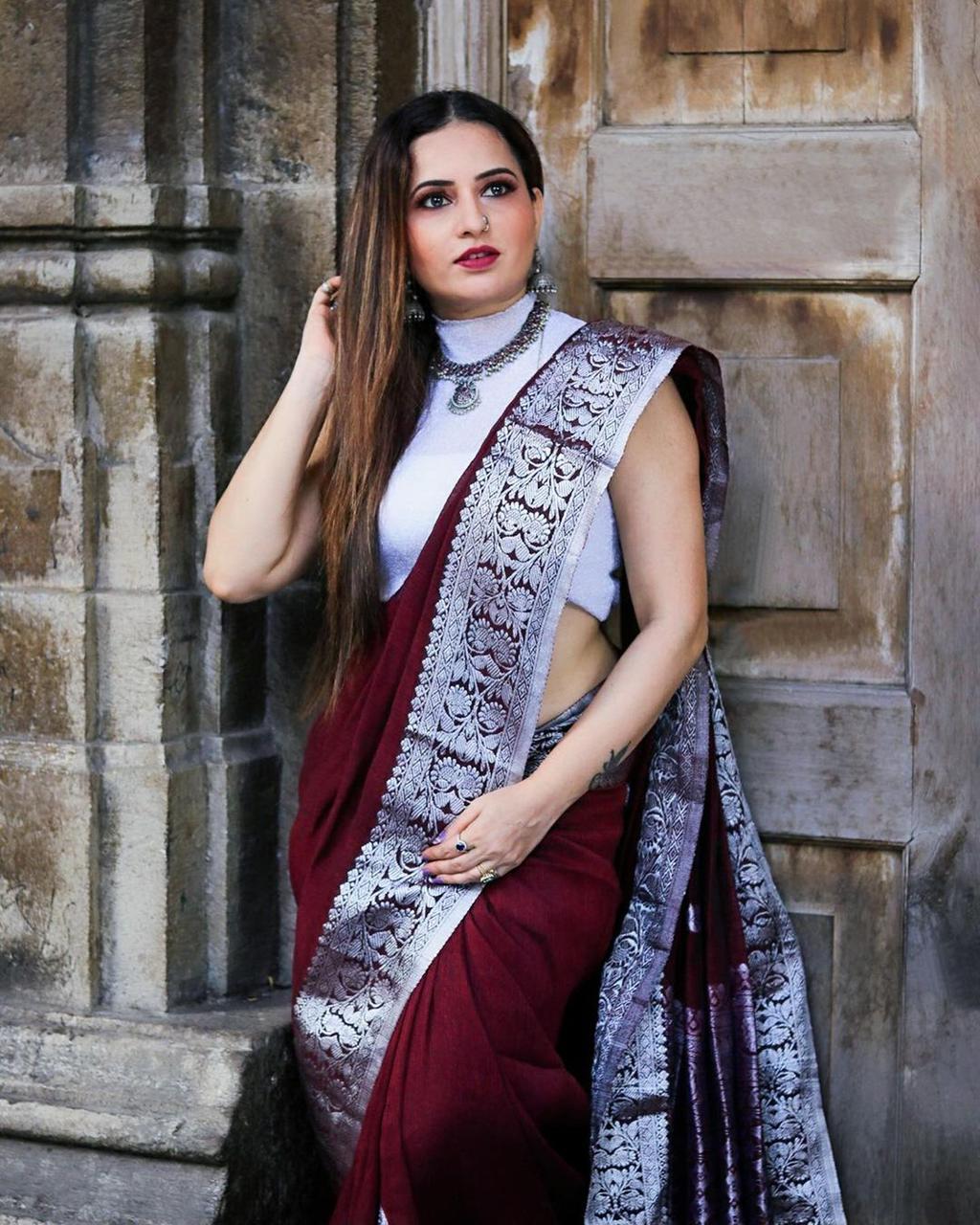 Luxuriant Wine Soft Banarasi Silk Saree With Improbable Blouse Piece