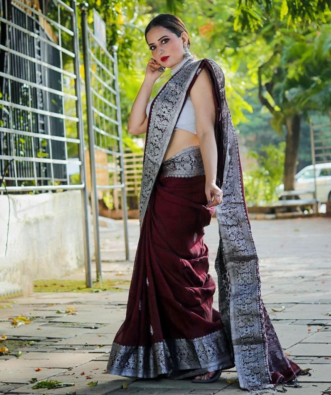 Luxuriant Wine Soft Banarasi Silk Saree With Improbable Blouse Piece