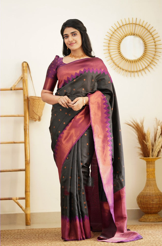 Embellished Black Soft Banarasi Silk Saree With Ratatouille Blouse Piece