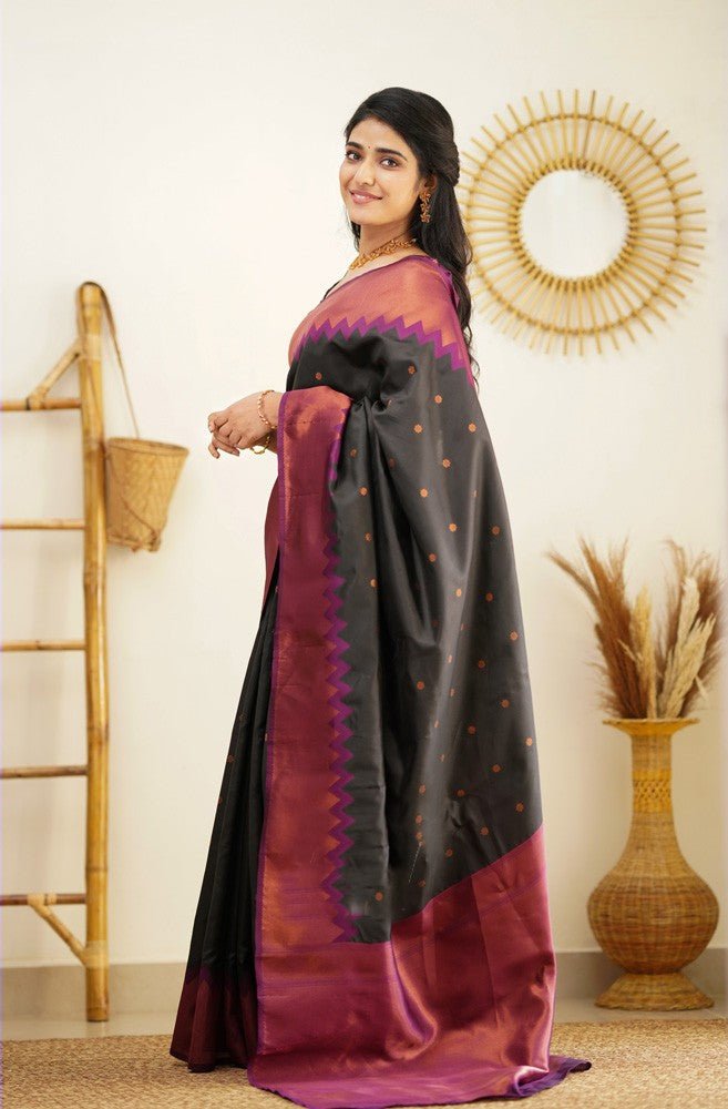 Embellished Black Soft Banarasi Silk Saree With Ratatouille Blouse Piece