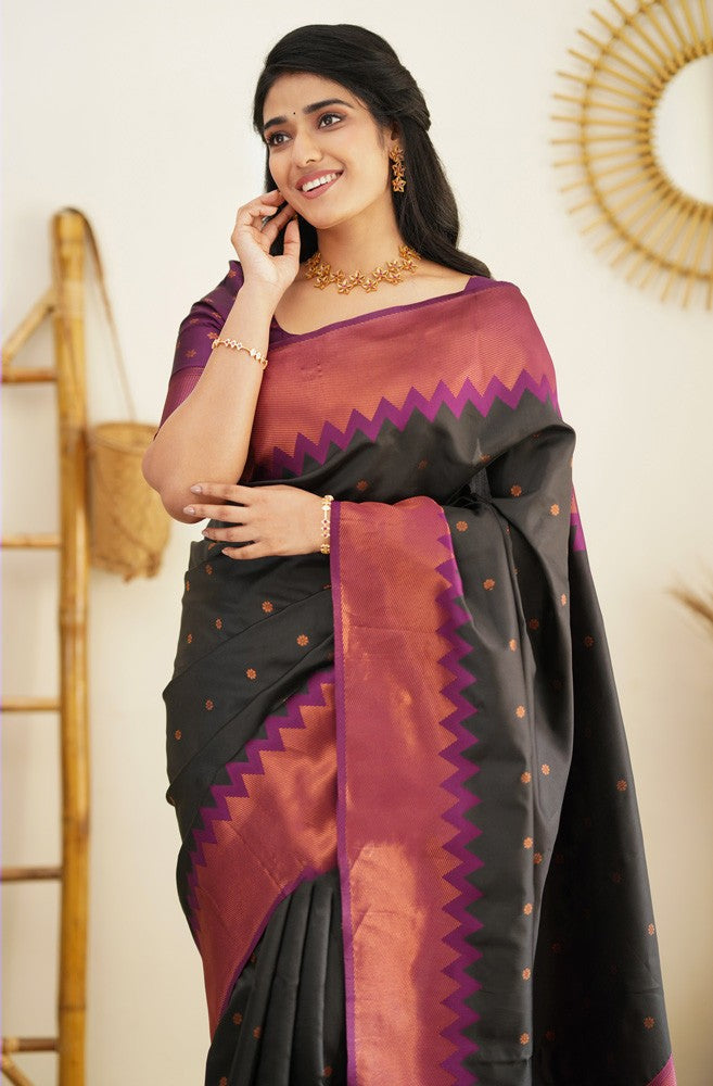 Embellished Black Soft Banarasi Silk Saree With Ratatouille Blouse Piece