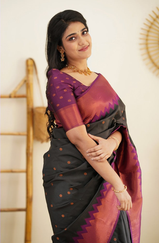 Embellished Black Soft Banarasi Silk Saree With Ratatouille Blouse Piece