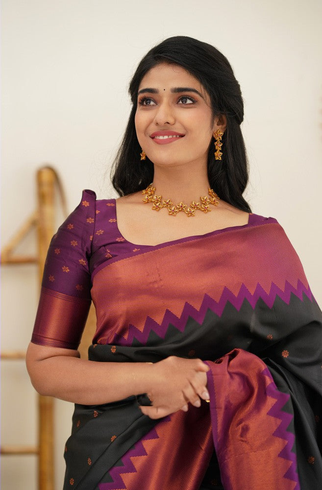 Embellished Black Soft Banarasi Silk Saree With Ratatouille Blouse Piece