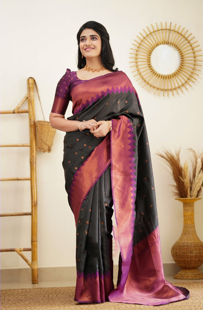 Embellished Black Soft Banarasi Silk Saree With Ratatouille Blouse Piece