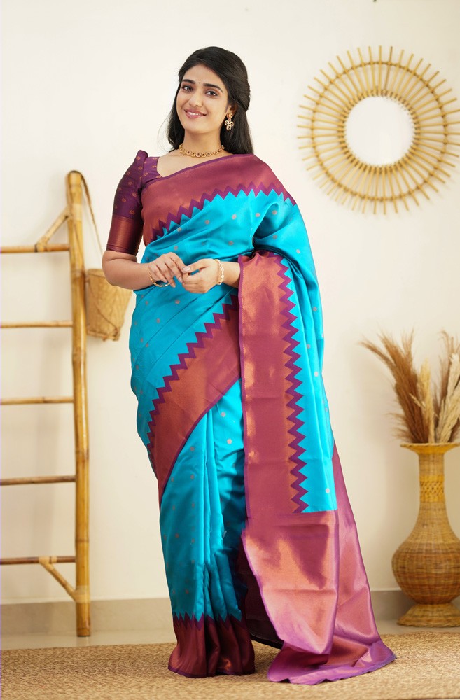 Vestigial Firozi Soft Banarasi Silk Saree With Sumptuous Blouse Piece